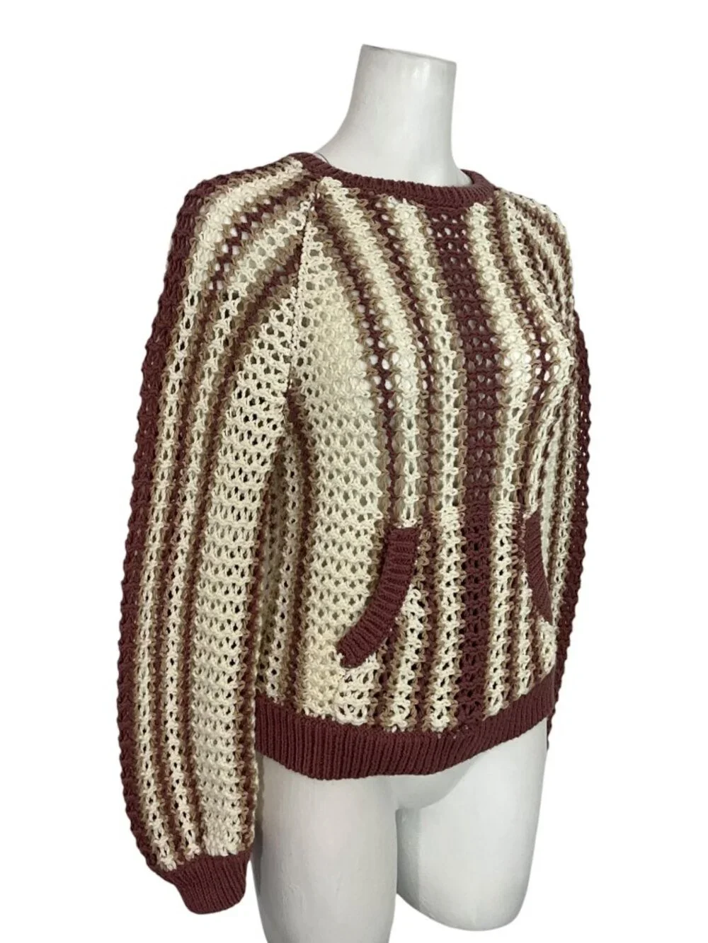 Free People FP Beach Dayton Striped Pullover Sweater S Brown Crochet